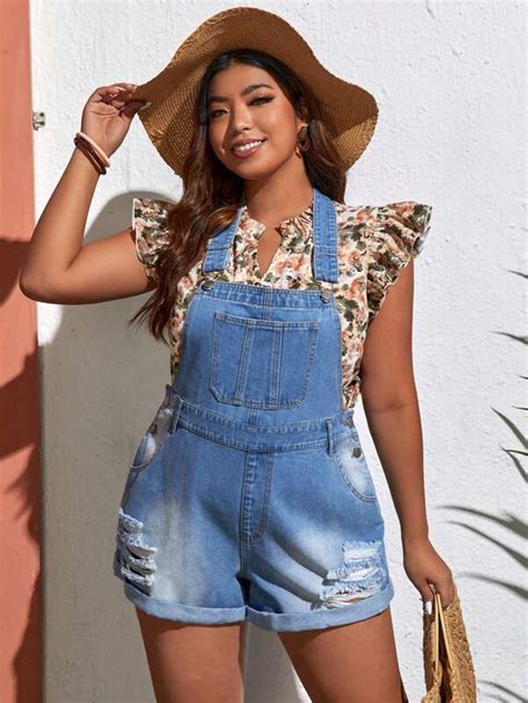 Shein Essnce Plus Ripped Roll Up Hem Denim Overall Romper Without Top