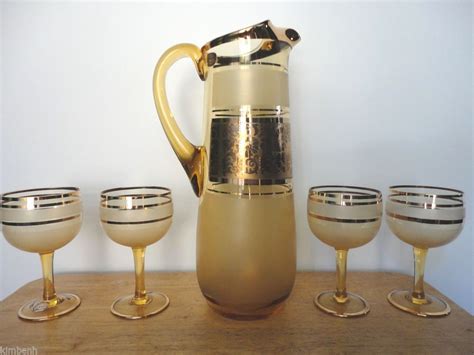 Antique Hand Blown Amber Bohemia Crystal Czechoslovakia Pitcher Set W Labels Crystal Glassware