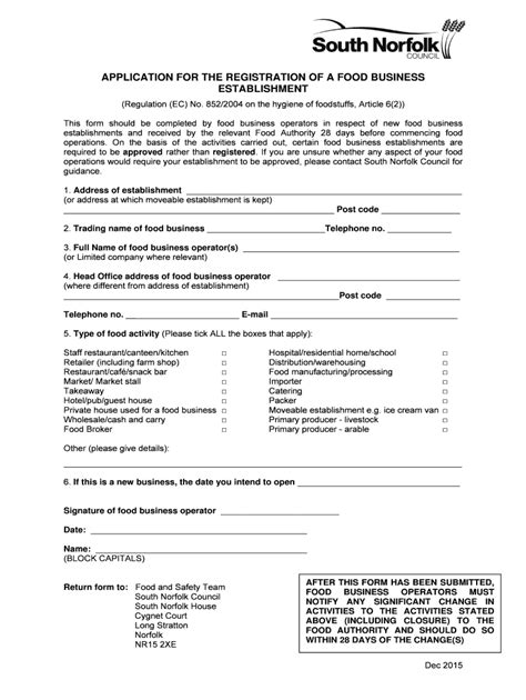 Fillable Online South Norfolk Gov Food Premises Registration Form PDF