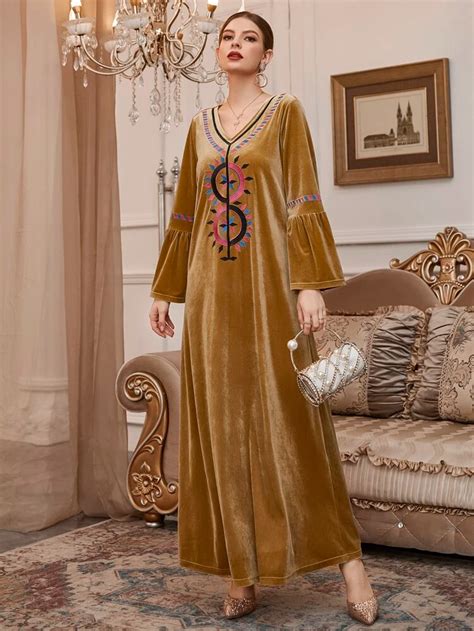 Geo Embroidery Flounce Sleeve Velvet Kaftan Dress Shein Usa Estilo Abaya Kaftan Dress Dress