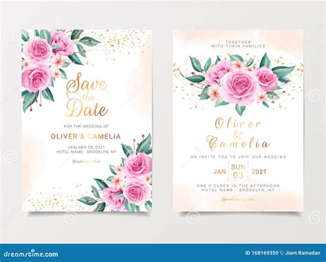 Hermosa Plantilla De Tarjeta De Invitación Para Bodas Con Flores Color Agua Ramo Y Brillo Dorado