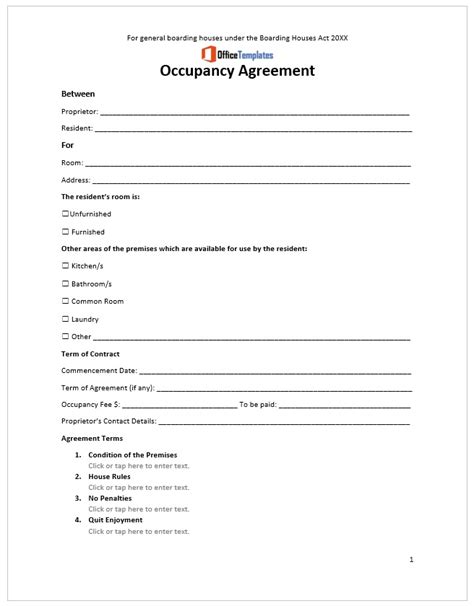 Occupancy Agreement Templates Office Templates