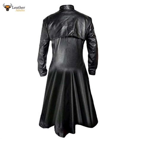 Mens Black Cowhide Leather Long Matrix Trench Coat Goth Steampunk Van Ksk Leather