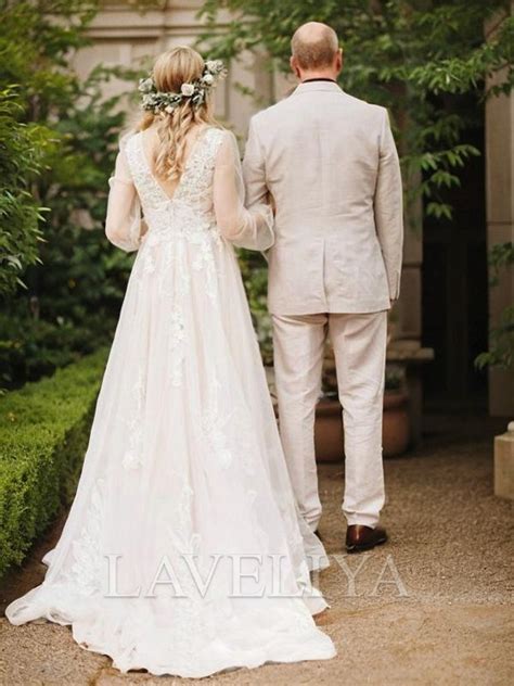 A Line V Neck Long Sleeves Appliques Lace Sweep Train Tulle Wedding