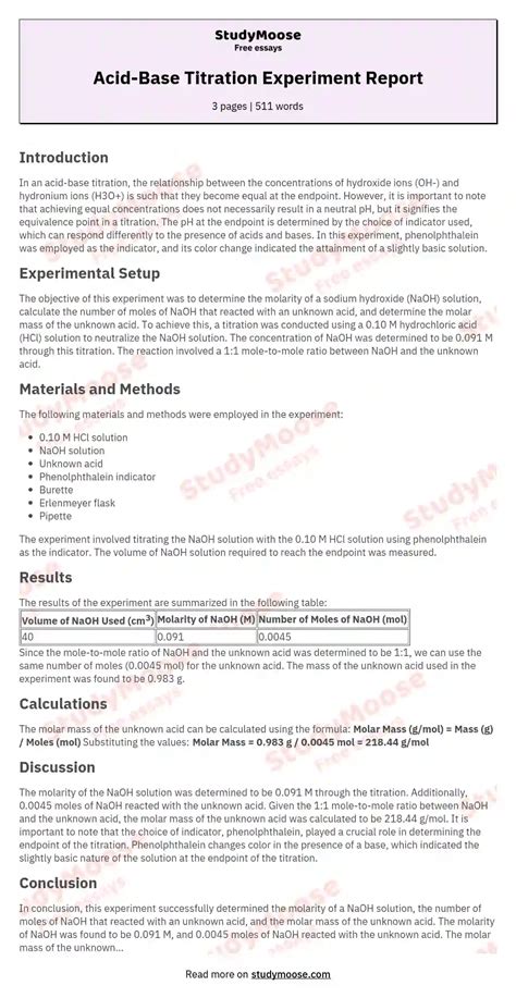 Acid Base Titration Experiment Report Studymoose