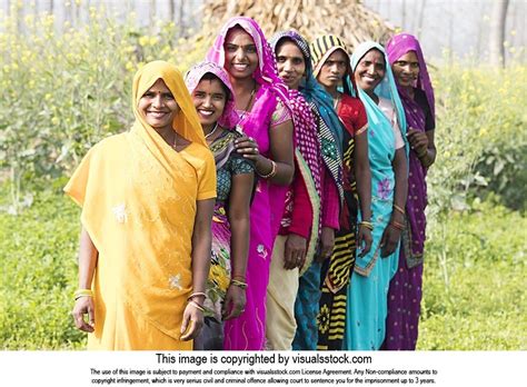Smiling Indian Group Rural Womens Neighbour Standing Queue S Farm Village