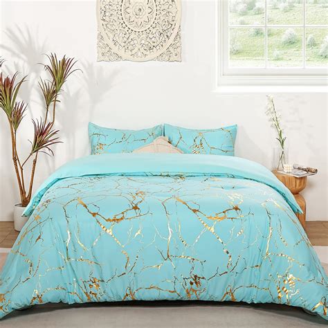 Smoofy Aqua Blue Comforter Twin Bed Set Marble Print Glitter Gold Bedding Set Luxury