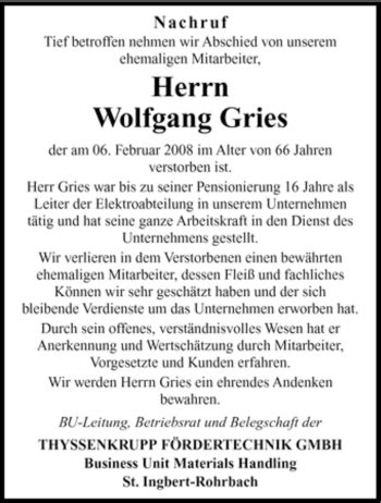 Traueranzeigen Von Wolfgang Gries Saarbruecker Zeitung Trauer De