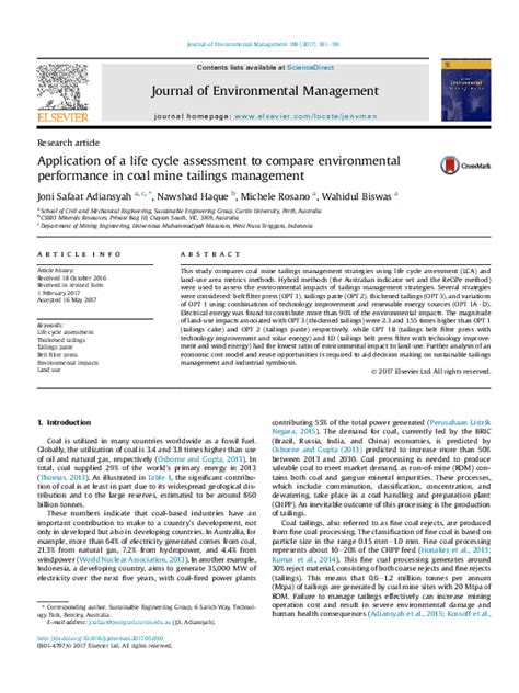 Pdf Application Of A Life Cycle Assessment To Compare Environmental Performance In Coal Mine