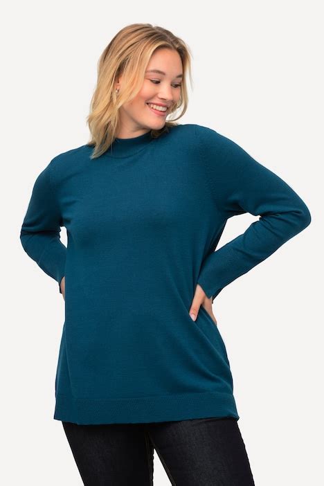 Long Sleeves Mock Turtleneck Sweater Blue Green Ulla Popken