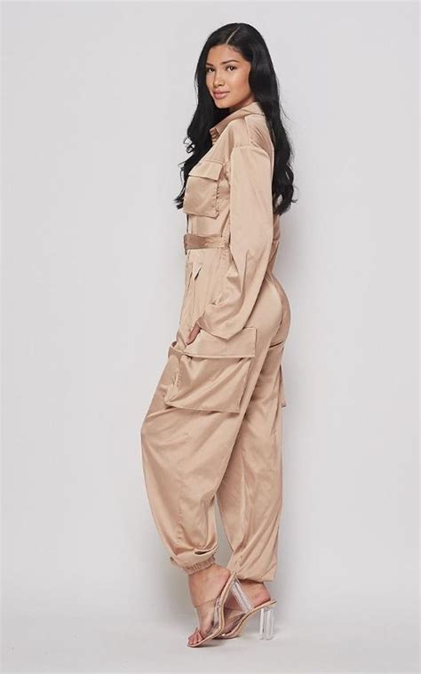 Satin Long Sleeve Cargo Jumpsuit In Beige