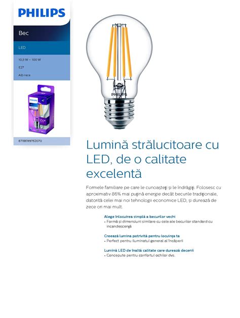 Bec LED Filament Philips 10 5W 100W E27 A60 1521 Lm 4000K Clar