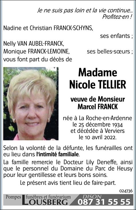 Nicole FRANCK TELLIER 10 04 2022 Avis nécrologique lavenir net