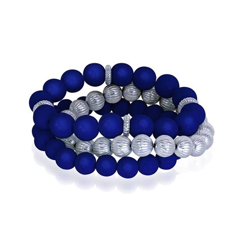 Womens Blue And Silver Tone Acrylic Bead Stretch Bracelet