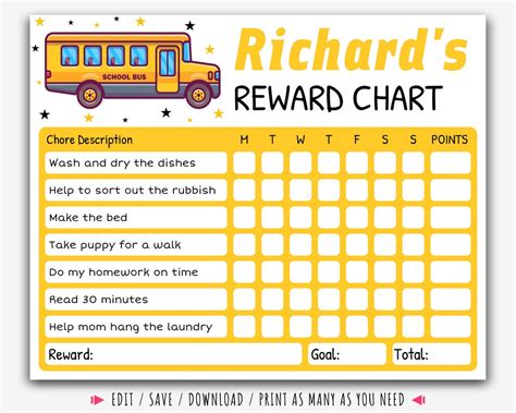 EDITABLE School Bus Reward Chart Behavior Chart Daily Chore Chart