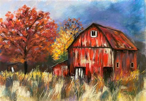 Fall Red Barn In Countryside Original Pastel Painting 12 X 17 Autumn Cottonwood Tree Wall Art