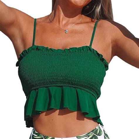 Cupshe Swim Cupshe Smocked Green Leaves Print Bikini Sets Women Ruffle Highwaist Tankini Xl