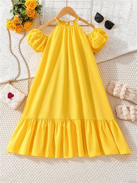 Tween Girls Puff Sleeve Craft Folding And Ruffle Hem Dress Shein Usa