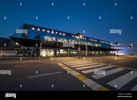 New building of International Airport Nikola Tesla in Belgrade, Serbia, sunset, departures gate ...