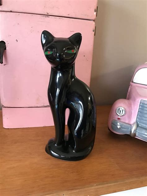 Vintage Black Cat Figurine With Green Eyes Mid Century Made In Taiwan Black Cat Pink Truck