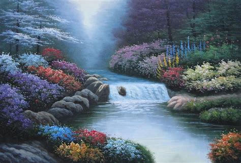 Water Stream Along Beautiful And Colorful Forest Oil Painting Landscape River Naturalism 24 X 36