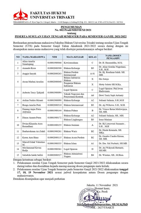 Pengumuman Peserta Susulan Ujian Tengah Semester Pada Semester Ganjil