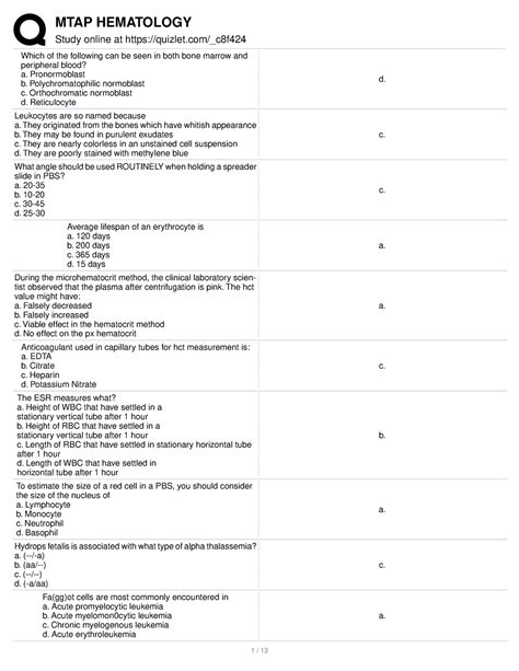 Hematology Quizlet Study Online At Quizlet C8f Which Of The