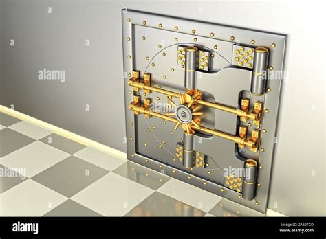 Front View Of Light Gold Bank Vault Door Closed The Door To The Bank