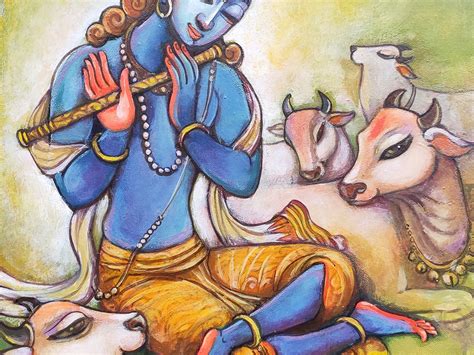 Lord Krishna Playing Flute With Cows Painting By Manisha Srivastava