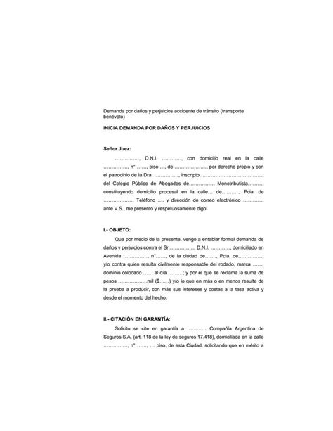 Modelo Da Os Y Perjuicios Accidente De Transito Trabajo Benevolo