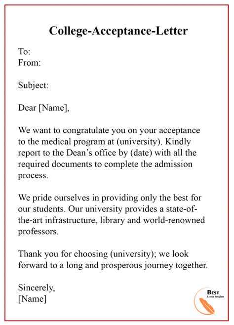 College Acceptance Letter Template Format Sample And Examples