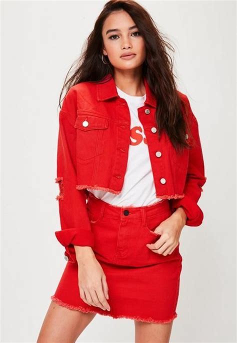 Missguided Red Cropped Drop Shoulder Denim Jacket Red Denim Jacket Red Denim Skirt Denim Women