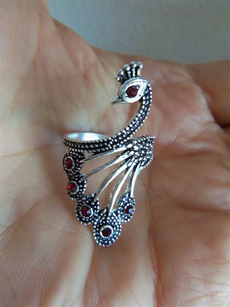 Sterling Silver 925 Peacock Ring Red Stone Peacock Jewelry Etsy