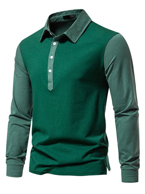 Mens Contrast Color Splicing Long Sleeve Polo Shirt