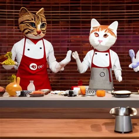 Anthropomorphic Cats Competing At Masterchef TV Show Stable