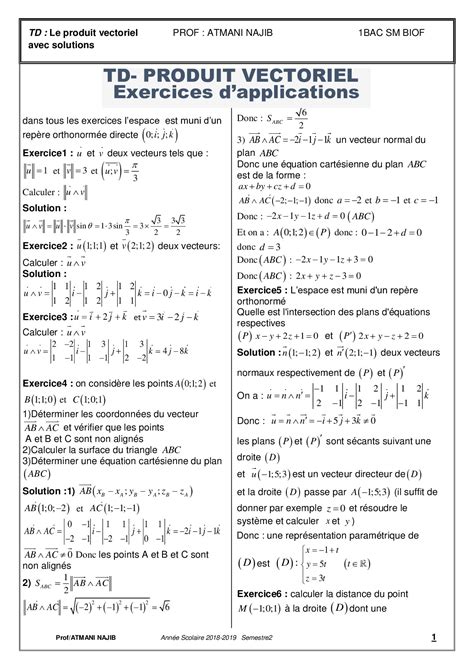 Le Produit Vectoriel Corrigé Série Dexercices 1 Alloschool