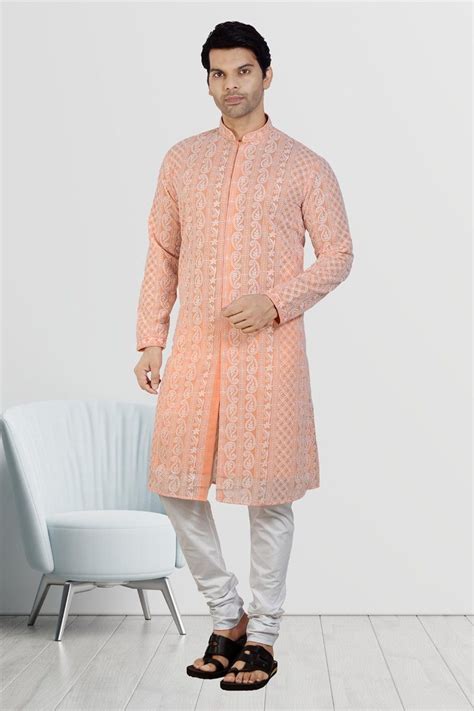 Function Wear Peach Color Mens Fancy Kurta Pyjama In Georgette Fabric