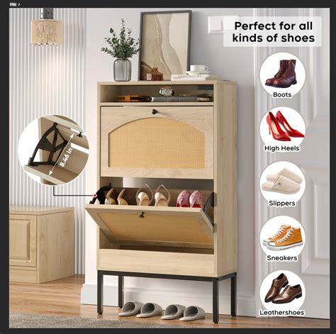 Wanttii Shoe Storage Cabinet Freestanding Organizer With Rattan Doors