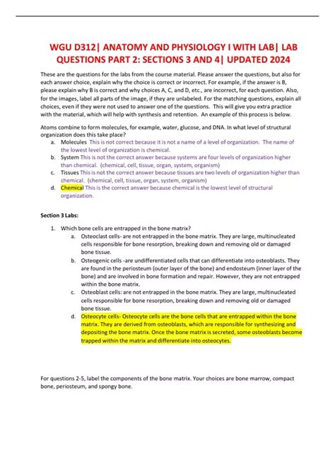 WGU D312 ANATOMY AND PHYSIOLOGY I WITH LAB LAB QUESTIONS PART 2