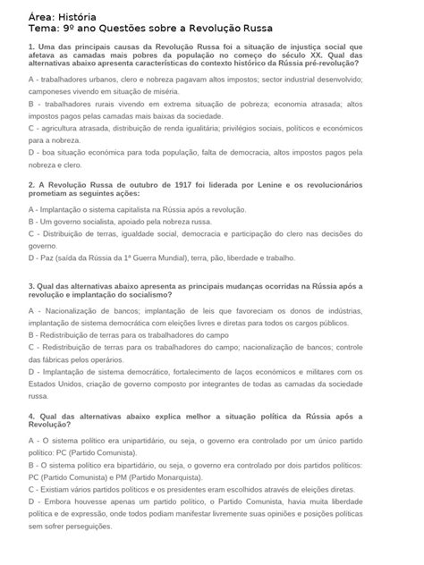 Questões Sobre A Revolução Russa - Questões sobre a Revolução Russa 9º Ano | PDF | Revolução Russa | União ...