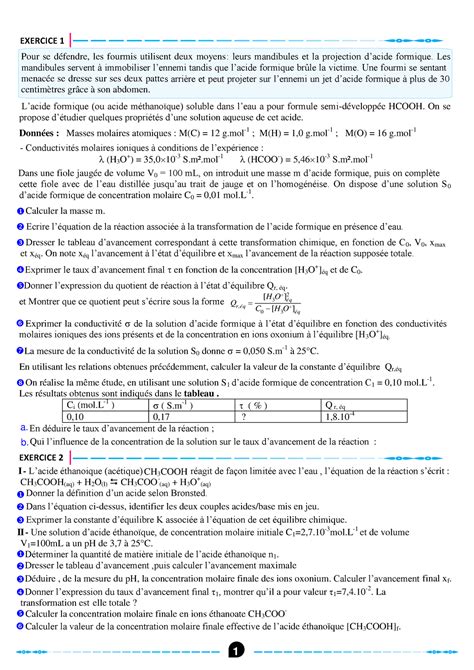 Ex etat d quilibre EXERCICE 1 Lacide formique ou acide méthanoïque