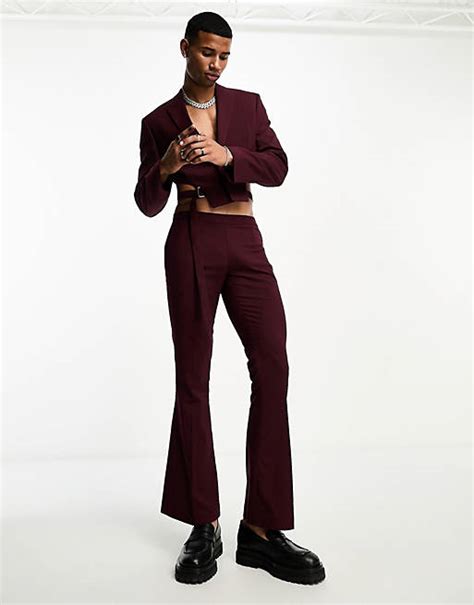 Asos Design Low Rise Flare Suit Pants In Burgundy Asos