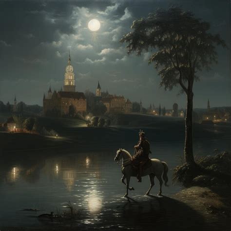 Premium AI Image | a painting of a man on a horse with the moon in the background