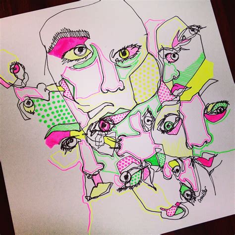 Self Portrait Blind Contour Drawings In Black Ink Accented With