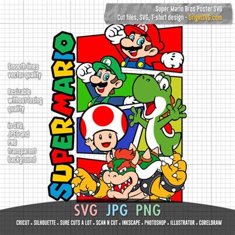 Super Mario Poster Mario Luigi Toad Yoshi Bowser SVG Origin SVG Art