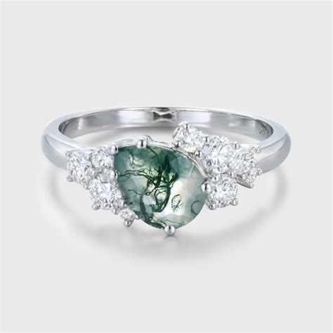 14K White Gold Pear Shaped Moss Agate And Diamond Cluster Engagement