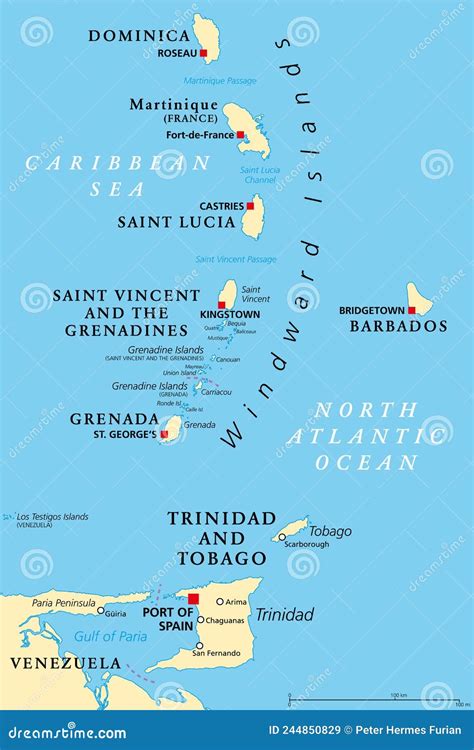 Windward Islands, Political Map, Islands of Lesser Antilles in the Caribbean Stock Vector ...