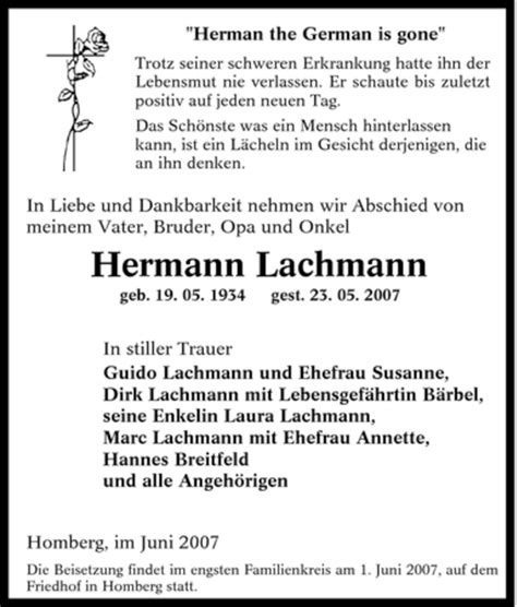 Traueranzeigen Von Hermann Lachmann Trauer In NRW De