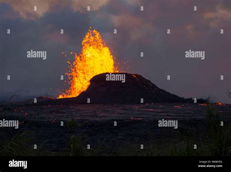 A Molten Lava Fountain Spews Liquid Magma Hundreds Of Feet Into The Air