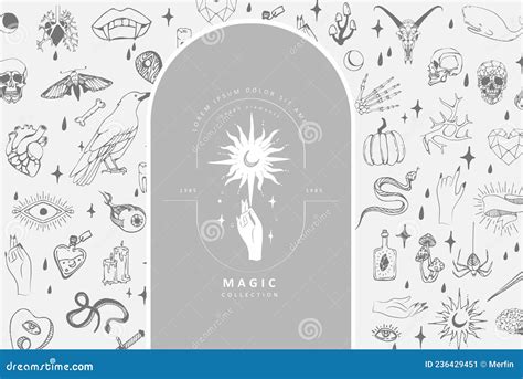 Set Of Boho Hand Drawn Mystical Magic Set Esoteric Doodle Elements And